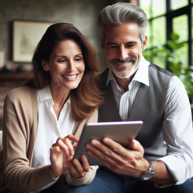 happy couple in their midfifties reading on one tablet, business casual