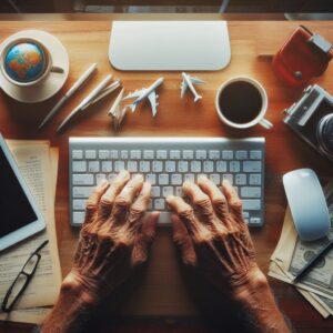 birds view on a desk with a computer and a keyboard, hands of a older persons typing