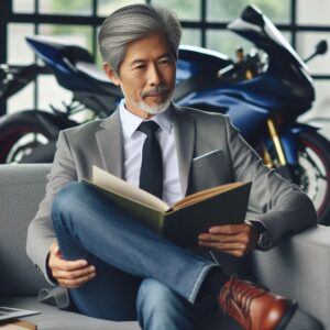 man in his sixties, business casual, sitting on a modern couch, reading, a sports bike in the background