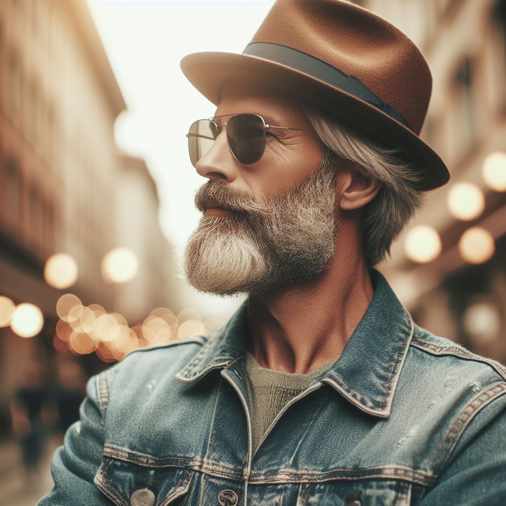 older bearded hipster man with dreamy gaze into the far