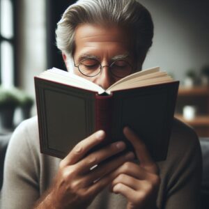 older person barely visible behind a book reading business casual