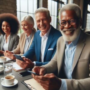 60 year old diverse people who are networking at a table, business casual