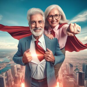 couple in their sixties, business casual, discovering their superpowers