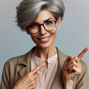 lady with very short grey hair and bold glasses points in two different directions, business casual