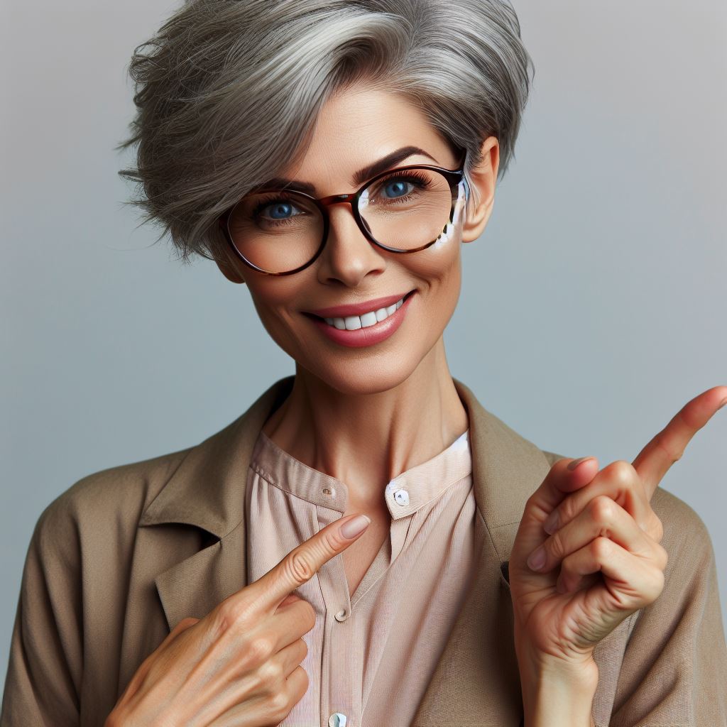 lady with very short grey hair and bold glasses points in two different directions, business casual