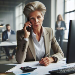 tough lady, 55 years, business casual, making a phonecall, in background computerscreen