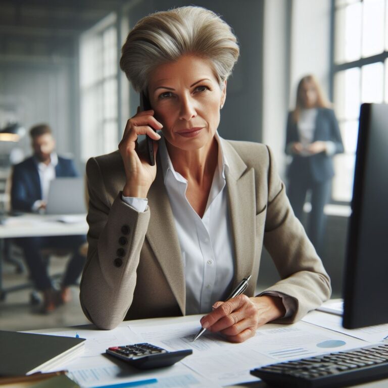 tough lady, 55 years, business casual, making a phonecall, in background computerscreen