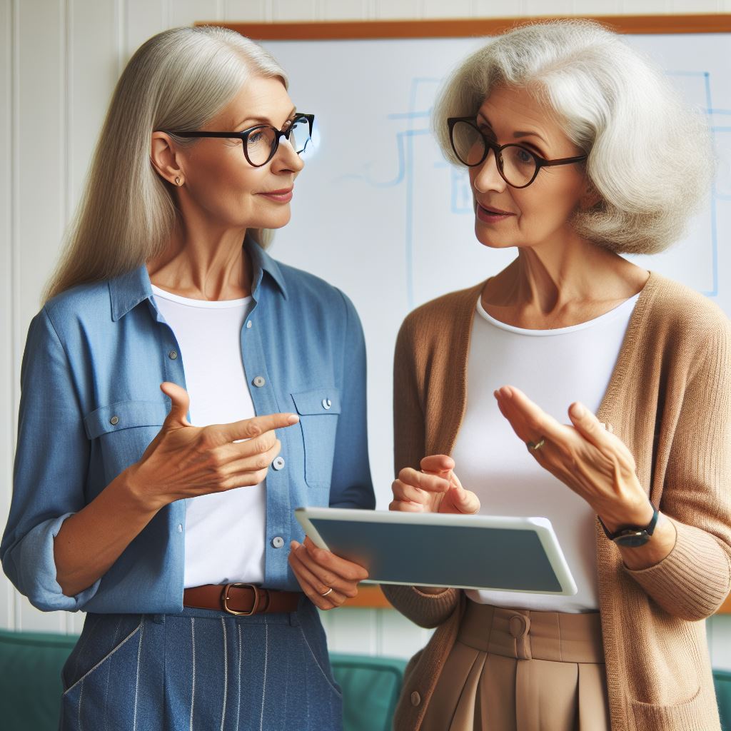 two ladies in their 60ies with one lady explaining her friend something on a whiteboard business casual no text