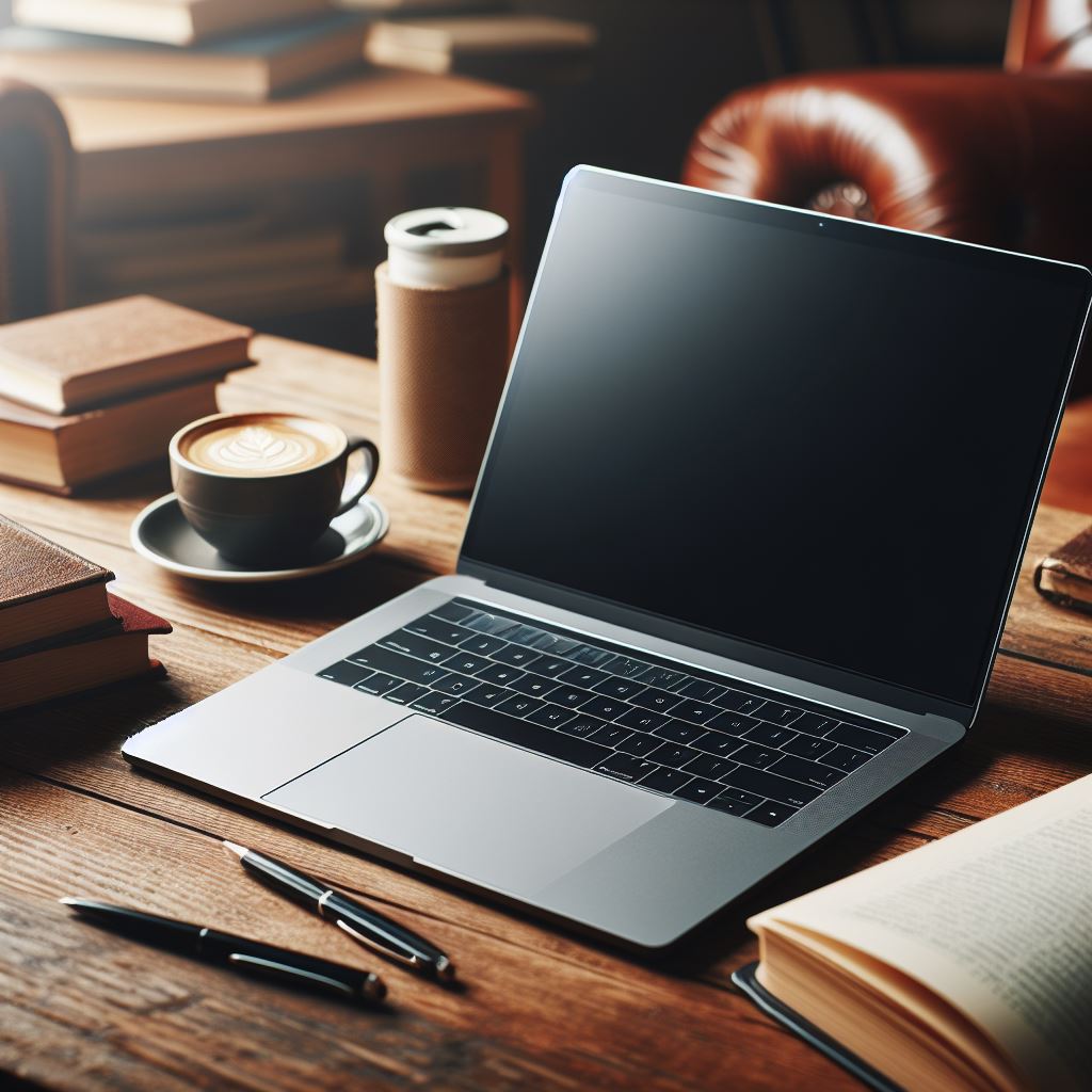 laptop on a wooden desk and a book, no text