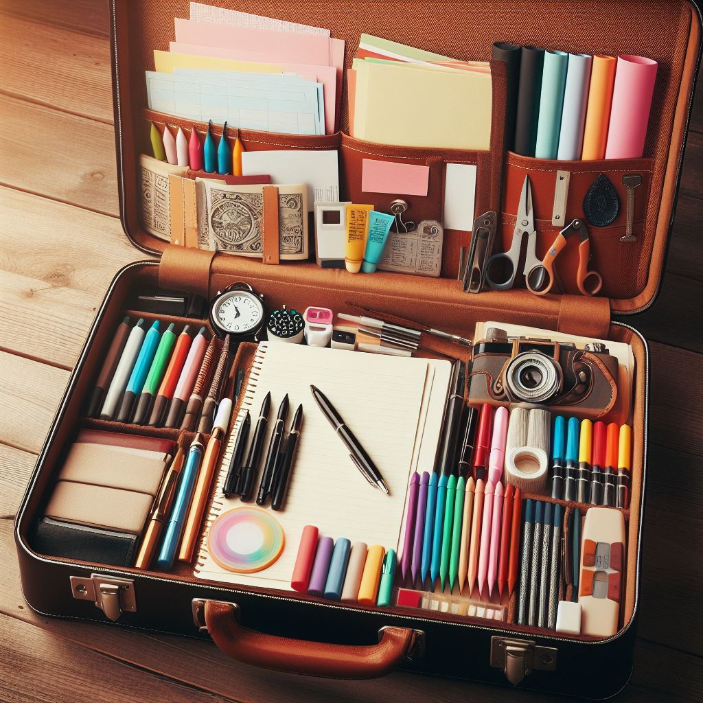 open suitcase with stationary, paper, pens, no text