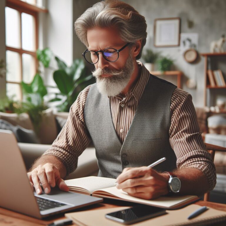 58 years old man, business casual hipster, Working on Learning, learning to learn, no text, setting home office