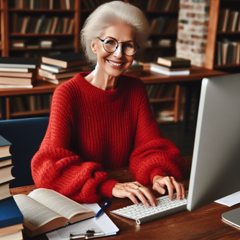 grandma working at a computer in a library