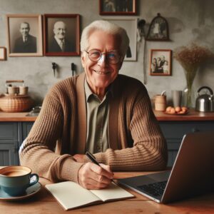 grandpa working at a laptop on a kitchen table