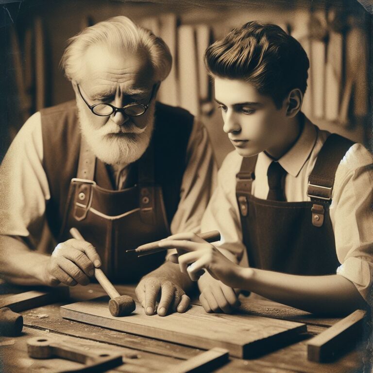 old carpenter showing and explaining something to a young apprentice