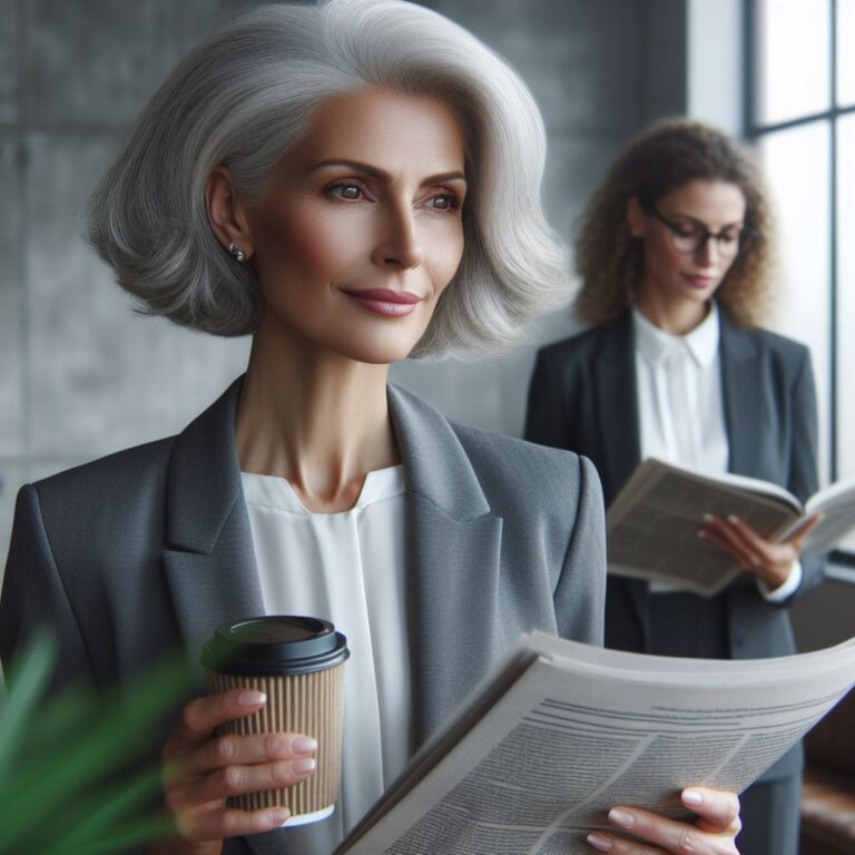 grey haired lady in business context with a cup of coffee and holding newspaper