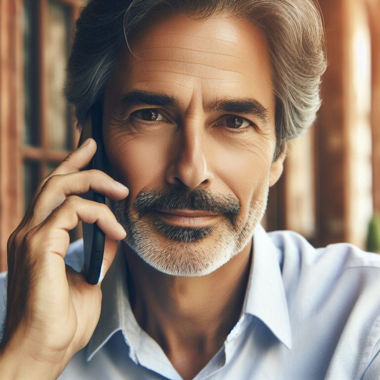 55 years old man with a distant gaze, business casual look, making a smartphone call
