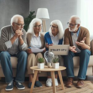 elderpreneurs sitting on a coach and debating their ideas for a start-up