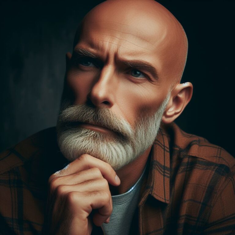 bald man in his sixties with beard is thinking dark background