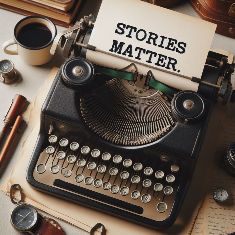 classical typewriter, view on the sheet of paper with wording "Stories matter"