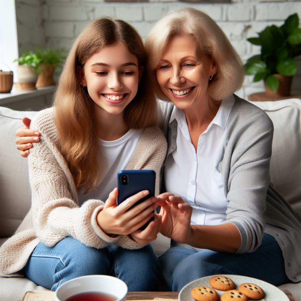 girl shows her 60 year old grandmother something on her smartphone