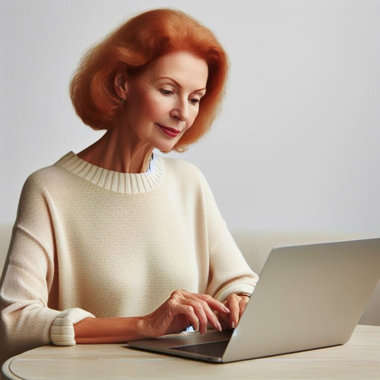 lady in her sixties with red hair is looking on a screen of her notebook