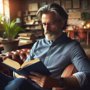 man in his late fifties sitting on a coach reading a scientific book