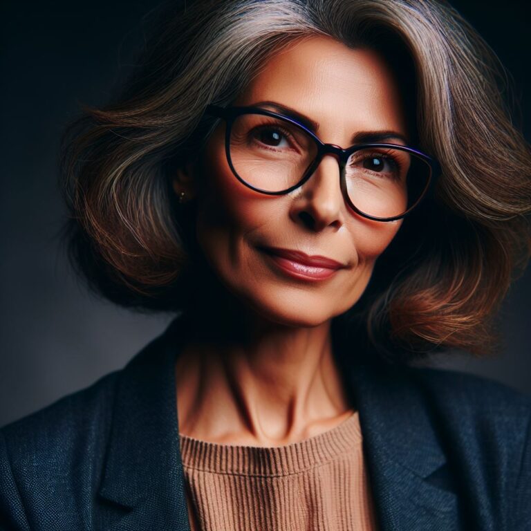 portrait of a lady in her sixties, bold glasses and dark background, business casual clothes