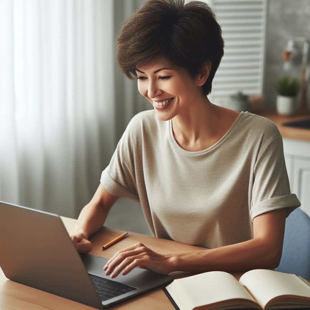 shorthaired lady in her midfifties working at her laptop, casual