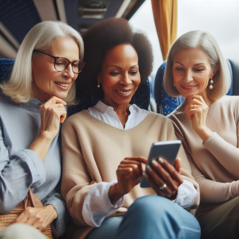 three ladies in their late fifties sitting on a coach and looking on one smartphone screen