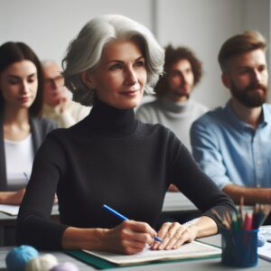 vocational training, group of people sitting at a table, focus on a greyhaired lady in a black turtleneck