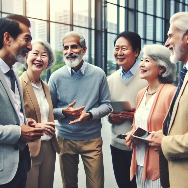 group of older people, with diverse intercultural background, chatting, business casual