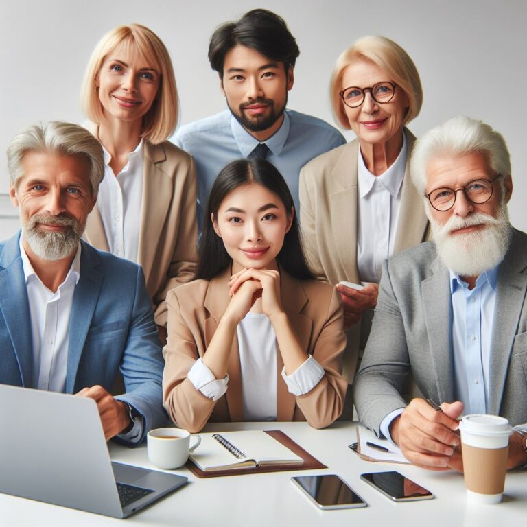 intercultural team of people in their sixties, business casual, realistic, working together at a table