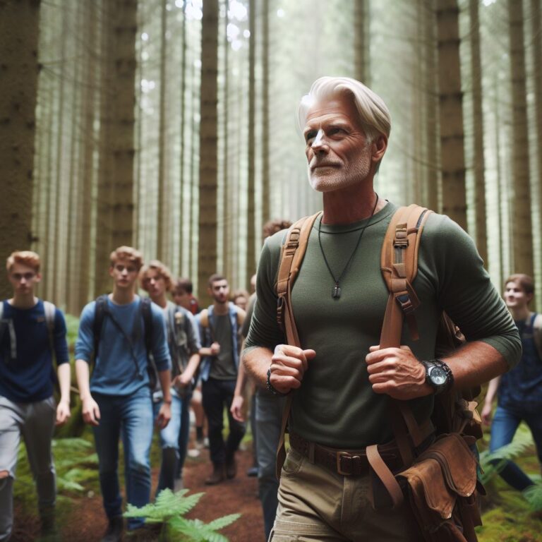 swedish forester who is 60 years old going with italian students on fieldtrip into a forest